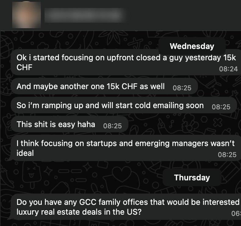 Fellow reporting a 15k CHF upfront close, identity redacted