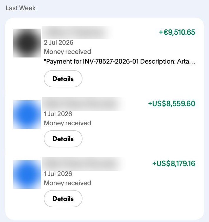 Two days of client fees received via PayPal