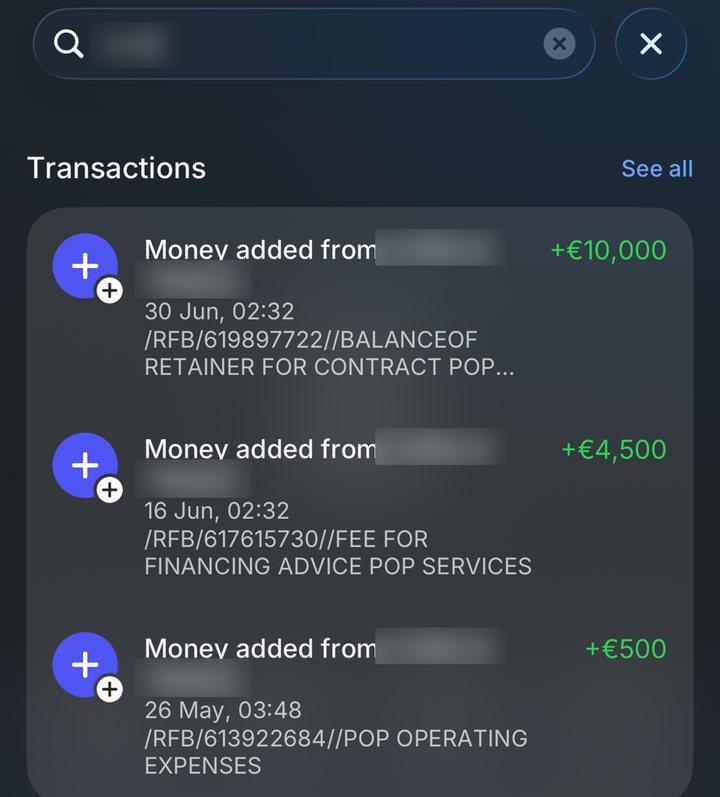 Three fees received from one client totalling 15,000 euro