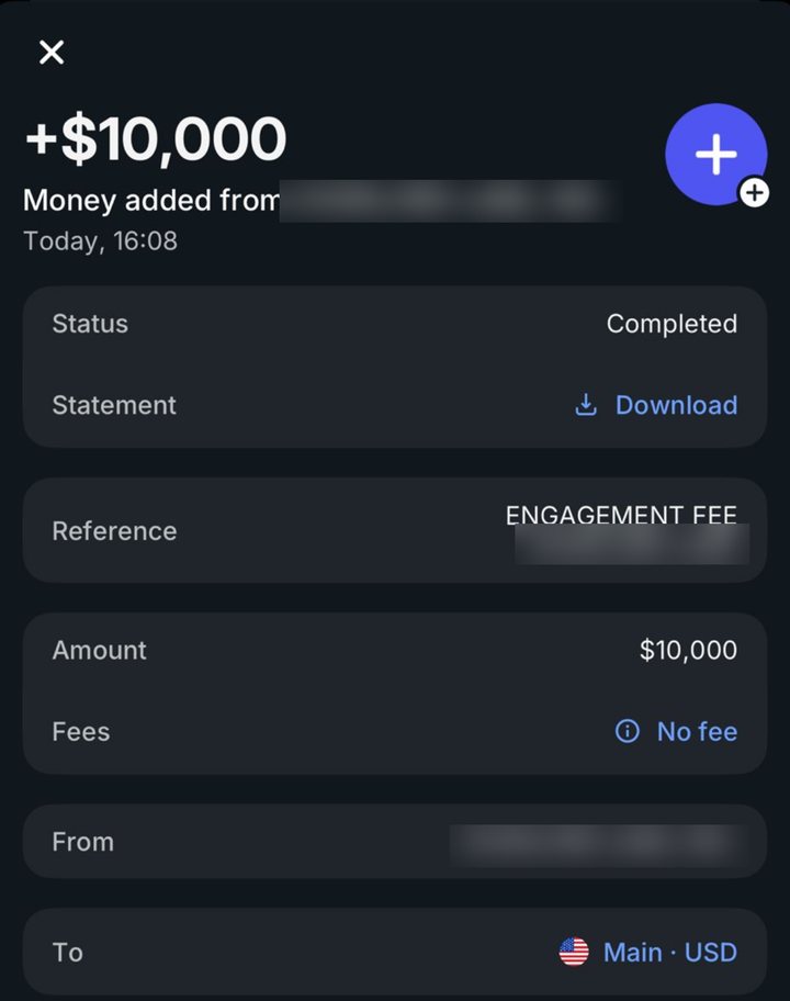 Received $10,000 engagement fee, name redacted