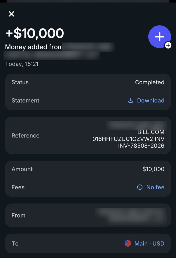 Received $10,000 via Bill.com