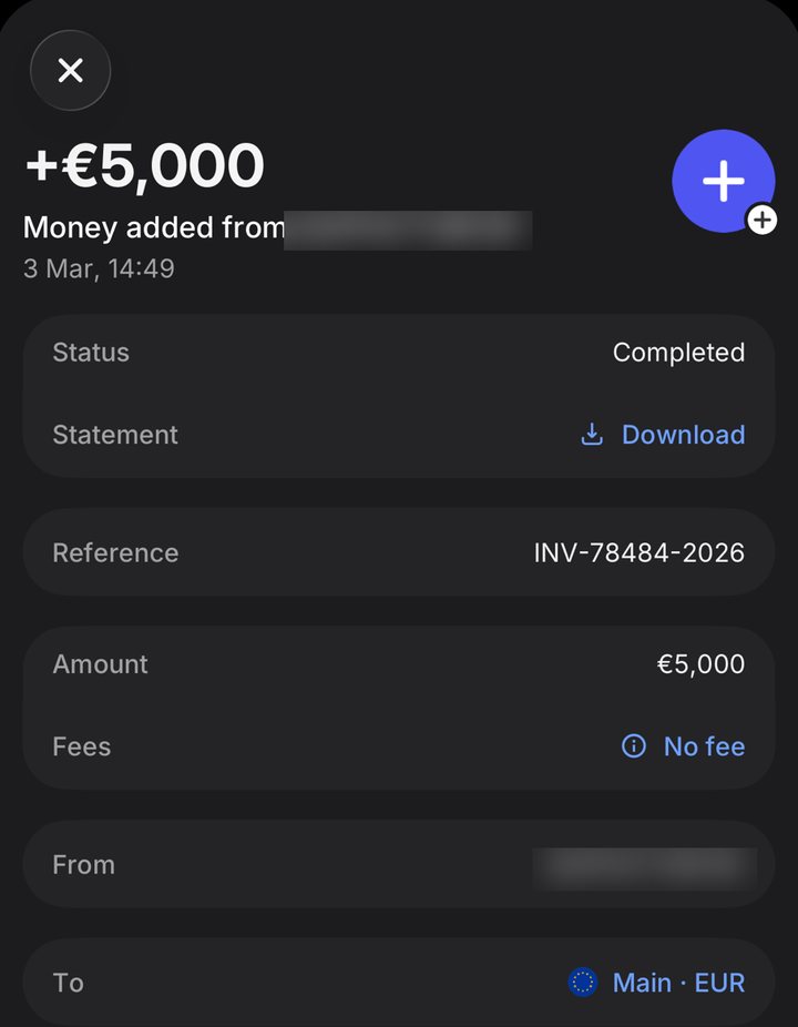 Received 5,000 euro invoice payment in March, name redacted